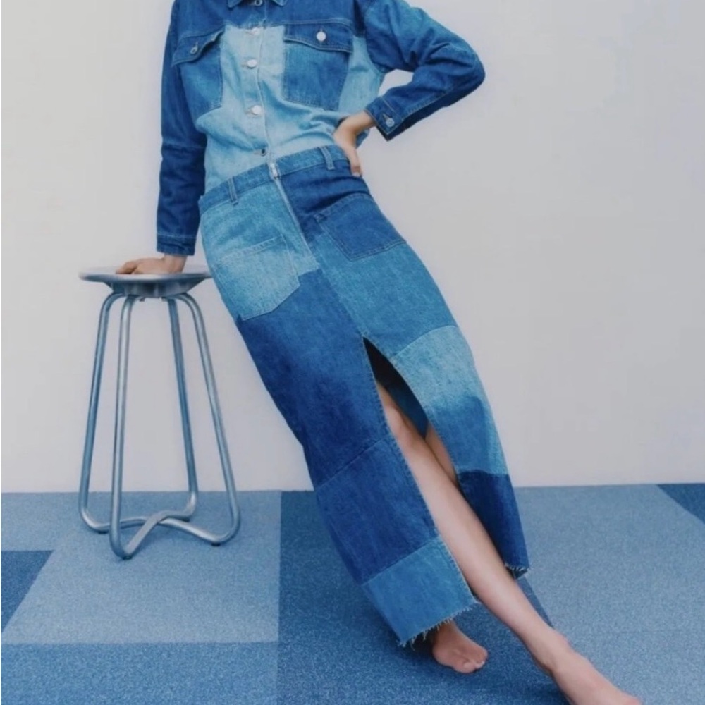 Zara Denim Patchwork Long Blue Skirt - Picture 4 of 7